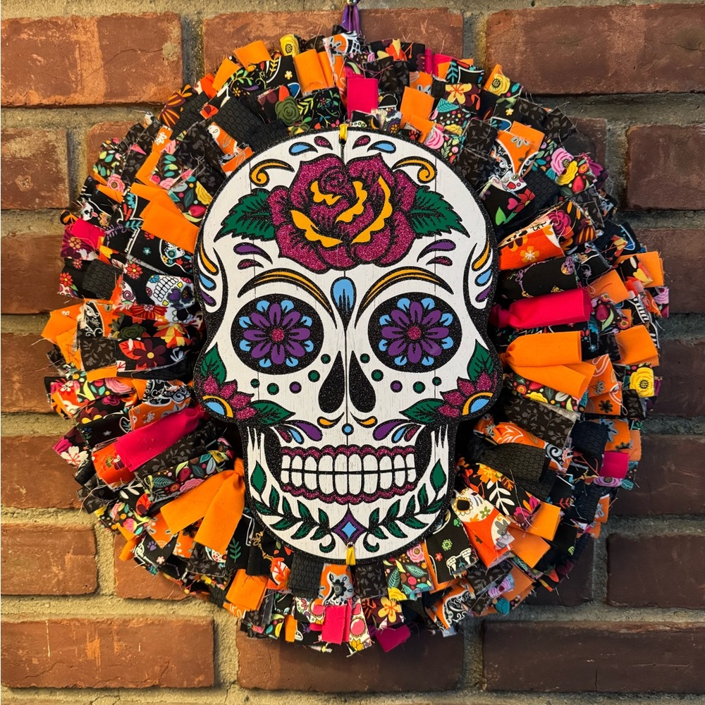 Day of the Dead Skull Halloween Rag Wreath